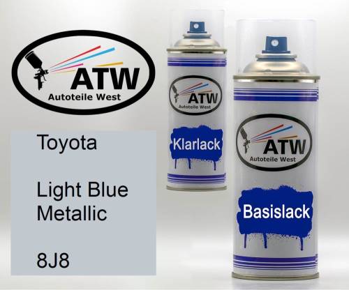 Toyota, Light Blue Metallic, 8J8: 400ml Sprühdose + 400ml Klarlack - Set, von ATW Autoteile West.